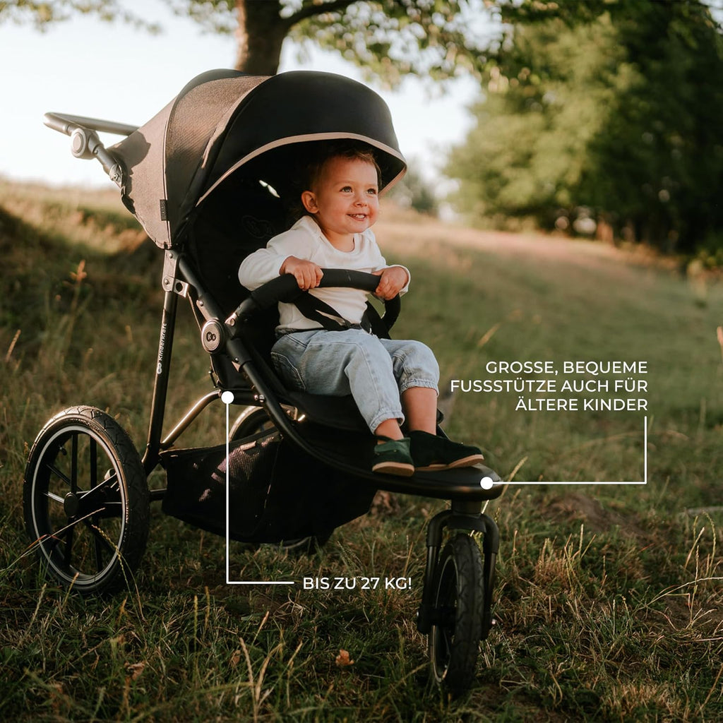 Kinderkraft HELSI 2 Silla de paseo hasta 27 kg, cochecito desde el nacimiento, silla de paseo para correr con grandes ruedas neumáticas, función de reclinado, asa parental ajustable, plegable, cesta debajo del asiento, negro