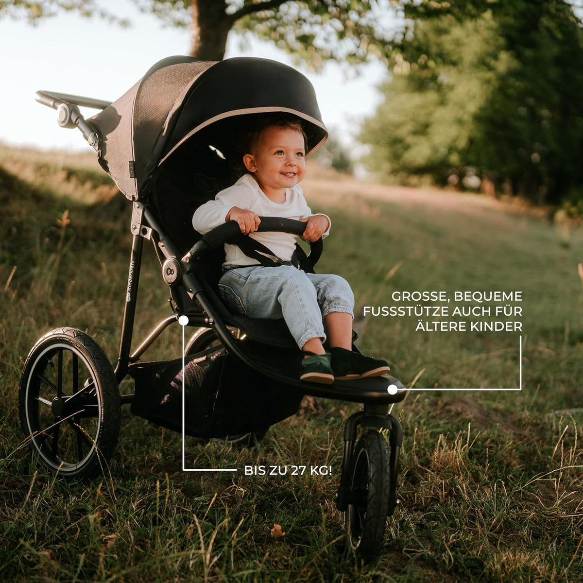 Cochecito Kinderkraft HELSI 2 hasta 27 kg, cochecito desde el nacimiento, cochecito deportivo con grandes ruedas neumáticas, función de reclinado, manillar ajustable, plegable, cesta inferior, negro