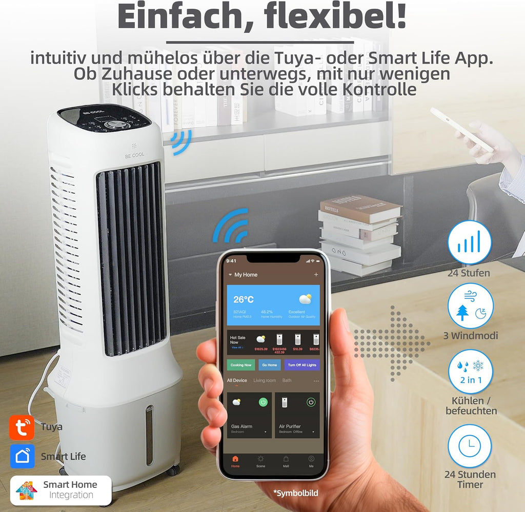 Enfriador de aire de torre premium BE COOL con depósito de agua de 10L y Wi-Fi – 38W, 24 velocidades, 3 modos de viento, alcance de flujo de aire de 12,5m, pantalla LED, control remoto, temporizador, función de secado de aire