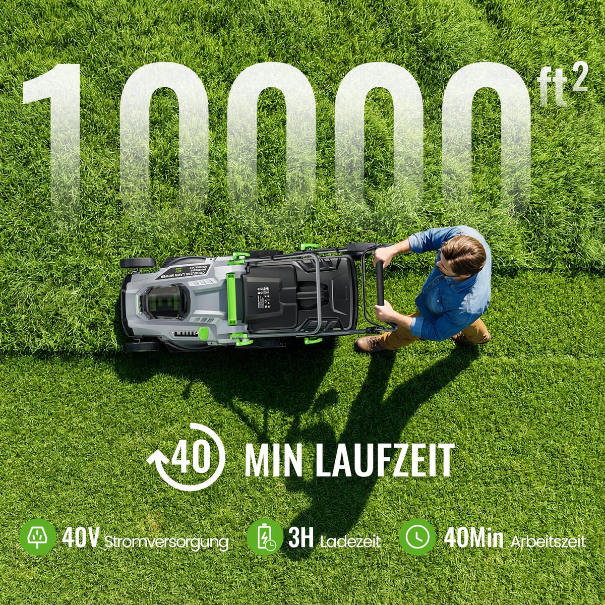 ETOOLAB Akku Rasenmäher 40V 2x20V 43cm 500m² brushless mulch kit 50L Fangkorb 6 Schnitthöhen 2x4,0Ah mit Ladegerät