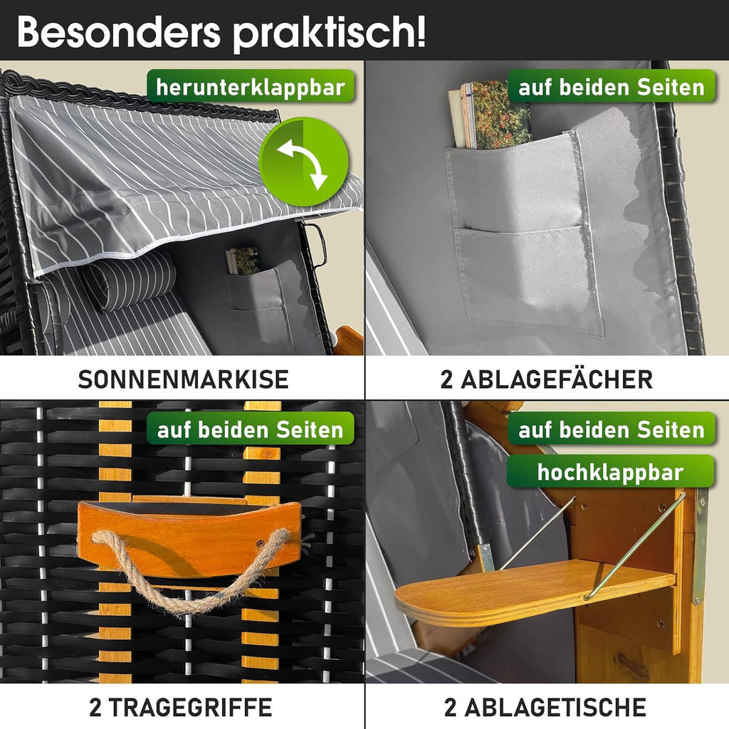 BRAST® Silla de playa Rügen Deluxe | para 2 personas | 120 cm de ancho | 5 diseños | incluye funda protectora resistente a la intemperie | respaldo ajustable y cojín de pies mullido | Antracita/Gris - a rayas