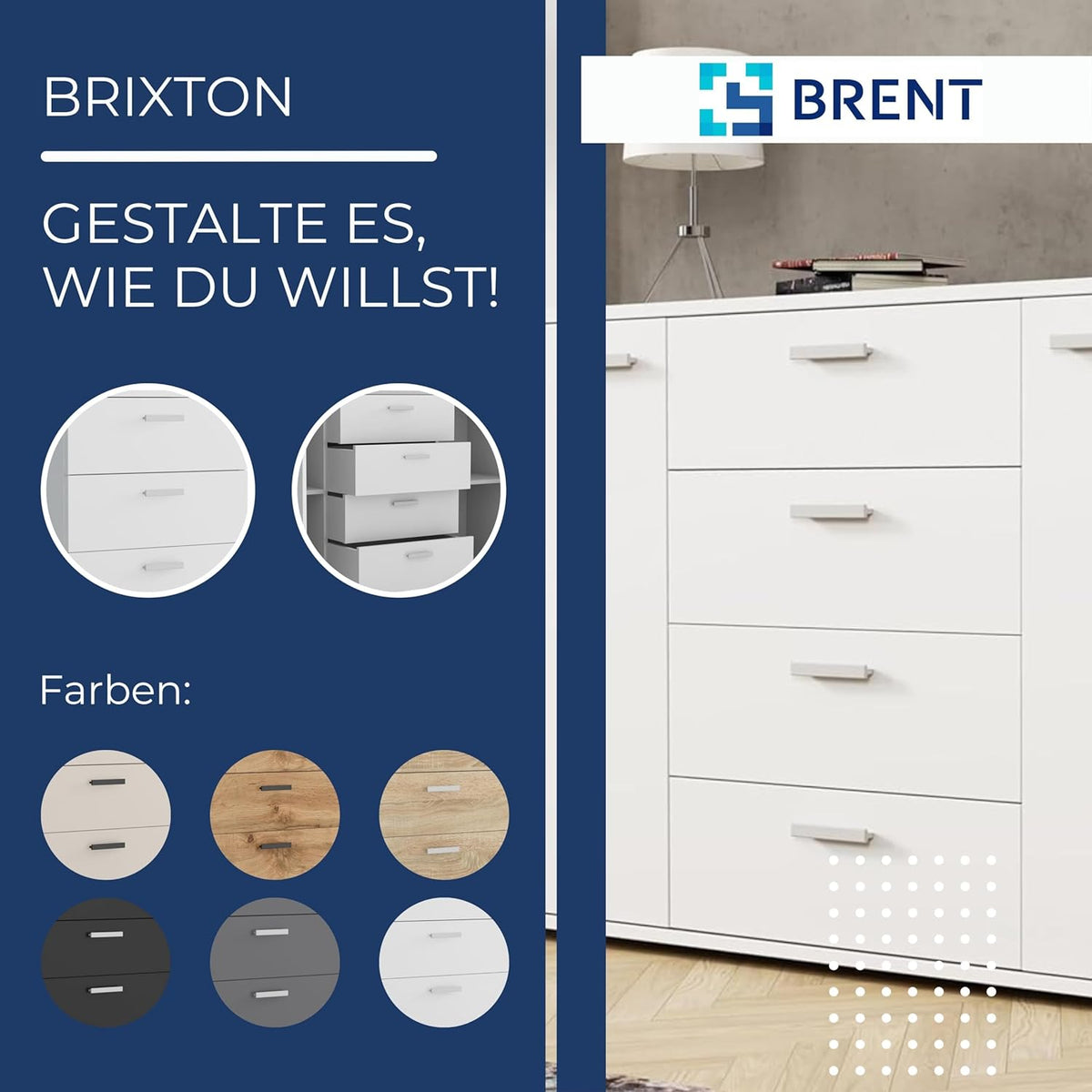 Brent - Cómoda con 4 cajones y 2 puertas de 150 cm de ancho Brixton, aparador para salón o dormitorio, cómoda armario, cómoda roble Wotan