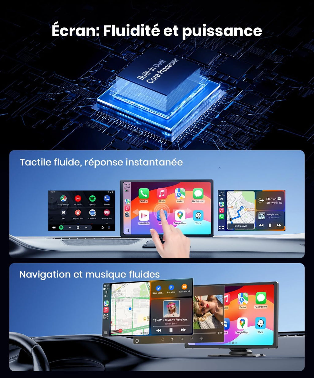 CarPlay Coche 9: Pantalla IPS HD brillante, visibilidad clara de día y de noche. Apple CarPlay y Android Auto inalámbricos, Bluetooth y WiFi 5GHz, navegación GPS, instalación fácil, cámara de marcha atrás (opcional)