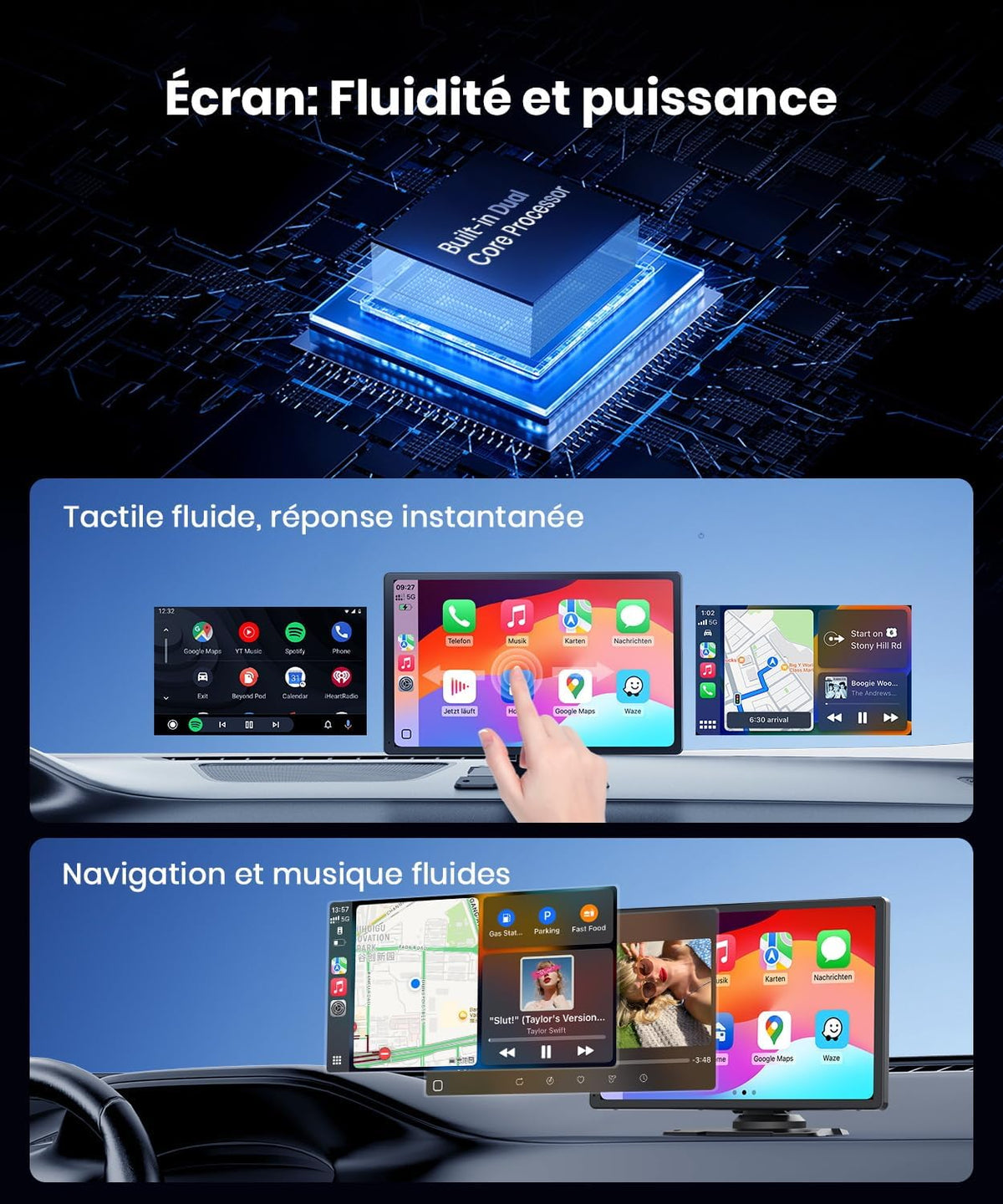 CarPlay Coche 9: Pantalla IPS HD brillante, visibilidad clara de día y de noche. Apple CarPlay y Android Auto inalámbricos, Bluetooth y WiFi 5GHz, navegación GPS, instalación fácil, cámara de marcha atrás (opcional)