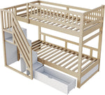 Litera 90x200 para 2 niños, cama alta infantil con escalera, armario de almacenamiento y cajón, cama funcional, litera, cama alta juvenil con 2 somieres, madera maciza, sin colchón, color madera