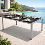 Mesa de jardín Mojawo XL de aluminio plateado/negro, mesa de comedor, muebles de jardín, aspecto de madera, resistente a la intemperie, 180x90x74 cm