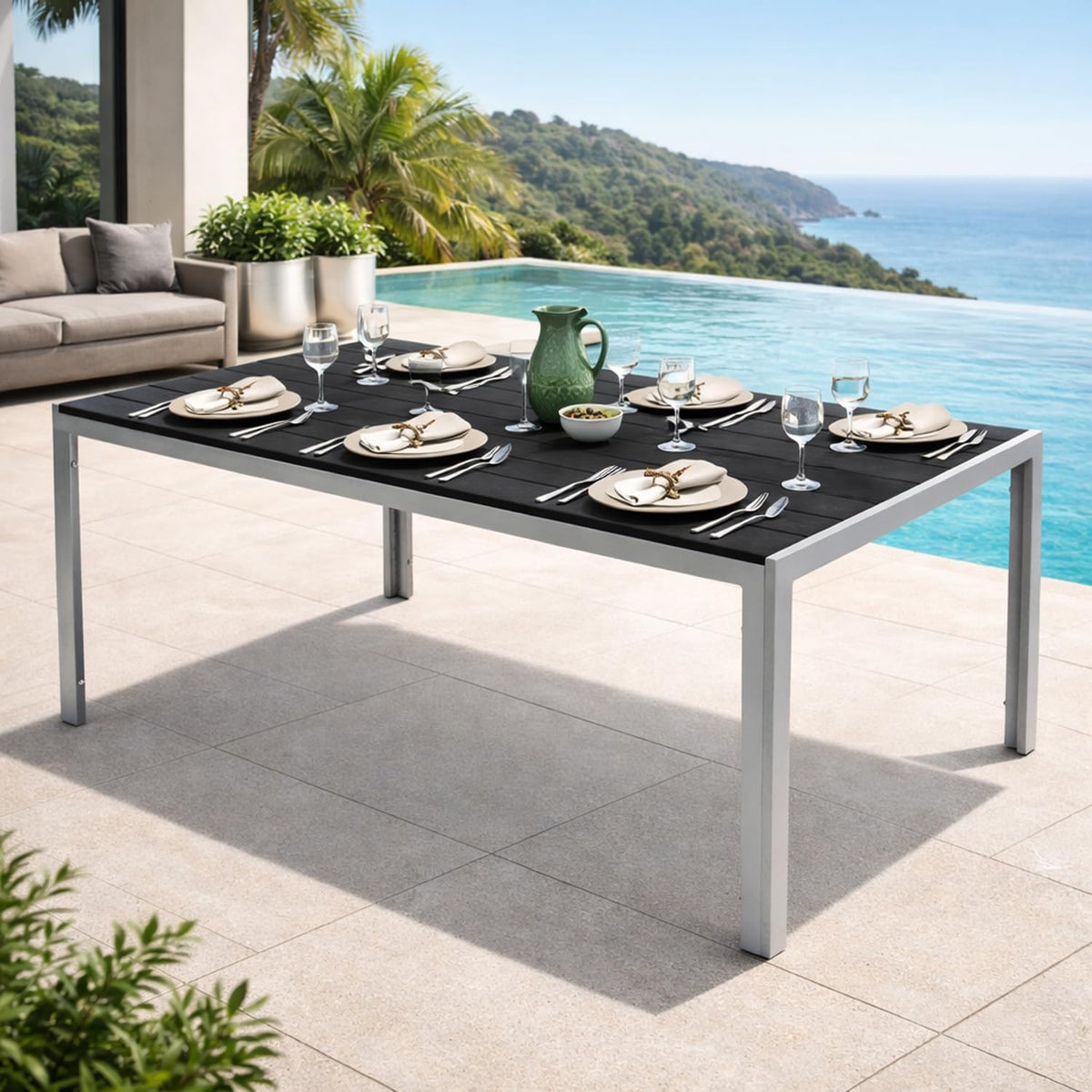 Mesa de jardín Mojawo XL de aluminio plateado/negro, mesa de comedor, muebles de jardín, aspecto de madera, resistente a la intemperie, 180x90x74 cm