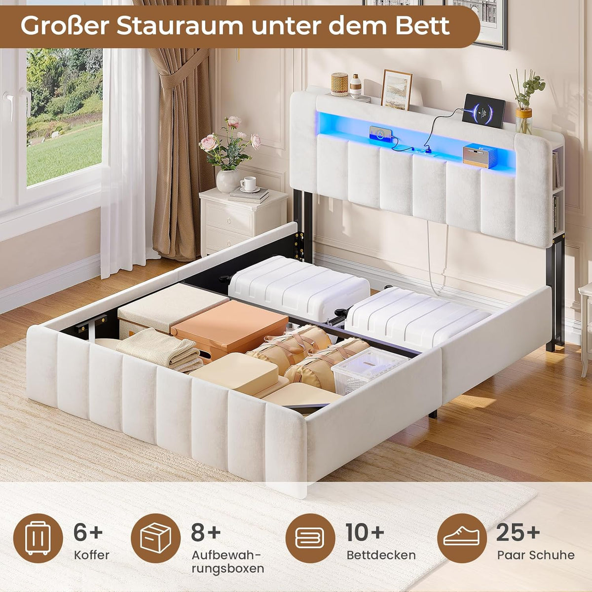 Cama tapizada AOGLLATI 140x200 con almacenamiento, cama hidráulica con iluminación LED y estación de carga, cama juvenil, cama doble, estructura de cama con cabecero de terciopelo - Sin colchón (terciopelo beige, 140x200 cm)