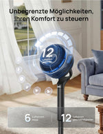 Ventilador inteligente DREO para dormitorio, ventilador de pie, oscilación omnidireccional de 150°+100°, alcance de circulación de aire de 36,6 m, motor CC silencioso, 12 velocidades, 6 modos, 20 dB, control remoto, temporizador de 12 horas.