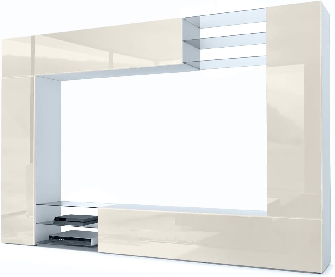 Mueble de salón Vladon Mirage, fabricado en Alemania, mueble mural con panel trasero, 2 puertas, 2 puertas abatibles y 6 estantes de cristal abiertos, blanco mate/crema de alto brillo (262 x 183 x 39 cm)