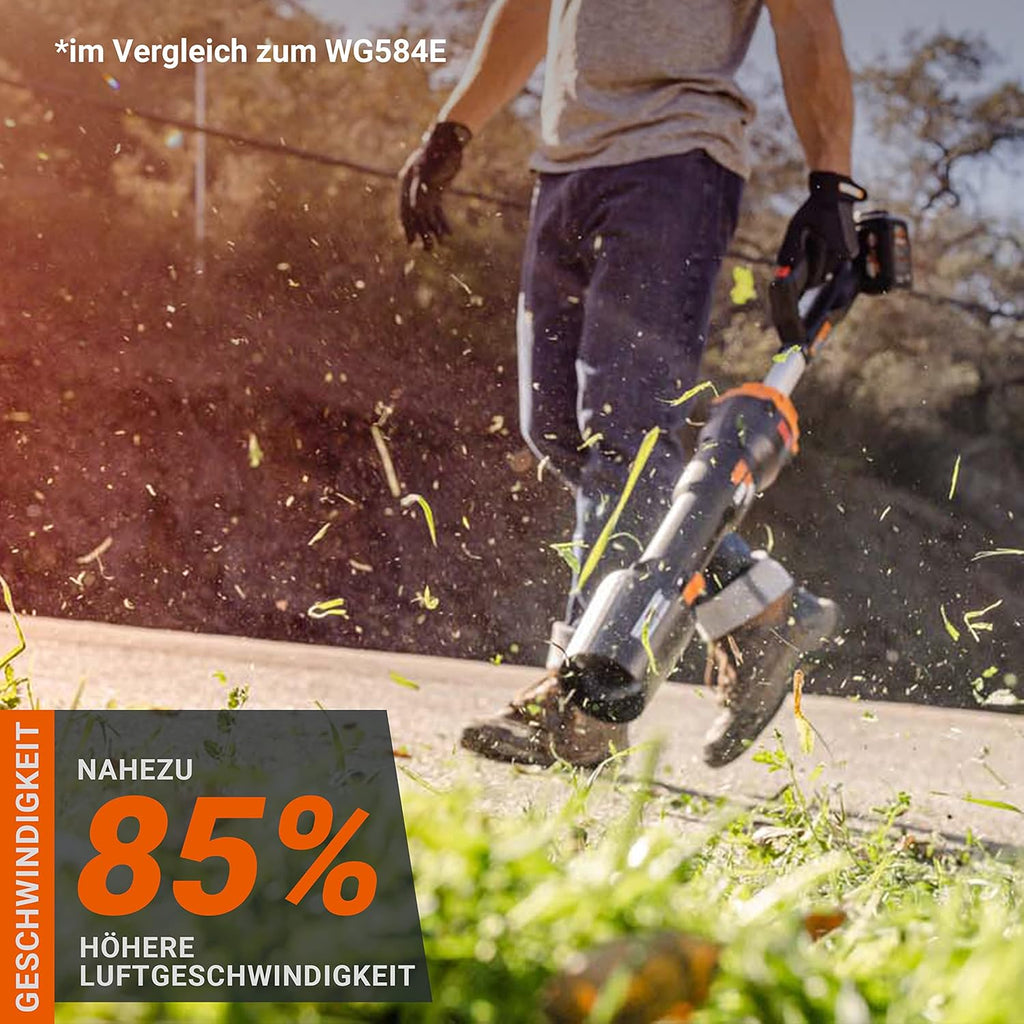 Soplador de hojas inalámbrico WORX Nitro 40V WG585E - motor sin escobillas - 3 velocidades y modo turbo - velocidad del aire 266 km/h - caudal de aire 1053 m³/h - incluye 2 baterías de 4Ah y cargador rápido doble de 4A