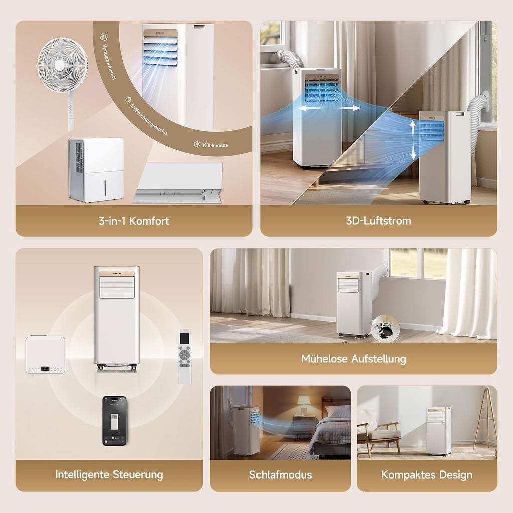 DREAME P-Wind10 7000 BTU Aire acondicionado portátil, 3 en 1: Enfriador, deshumidificador y ventilador. Flujo de aire 3D, control por aplicación y mando a distancia, modo de suspensión, autoevaporación, instalación sencilla