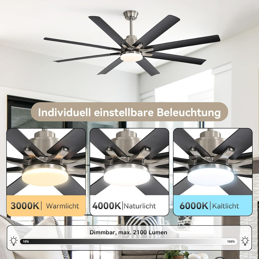 Ventilador de techo Sofucor de 132 cm con luz, ventilador de techo silencioso con luz y control remoto, CC, 8 aspas, 3 temperaturas de color, temporizador, 6 velocidades, modo verano e invierno para salón