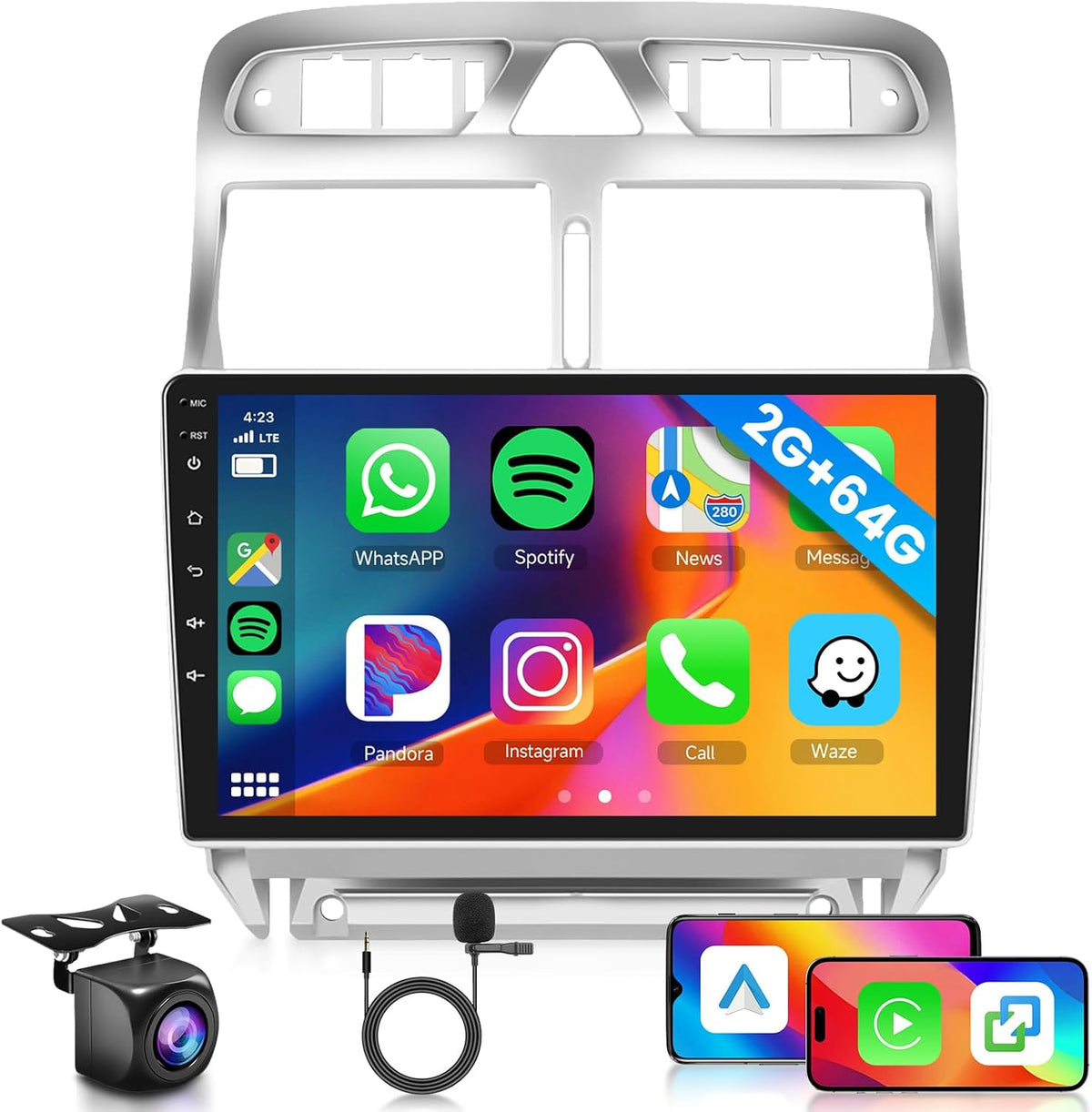 Autorradio Android 2GB 64GB para Peugeot 307 307CC 307SW 2002-2013 con Carplay inalámbrico y Android Auto, pantalla táctil Hodozzy de 9 pulgadas, navegación GPS, Bluetooth, WiFi, radio FM/RDS, SWC, EQ