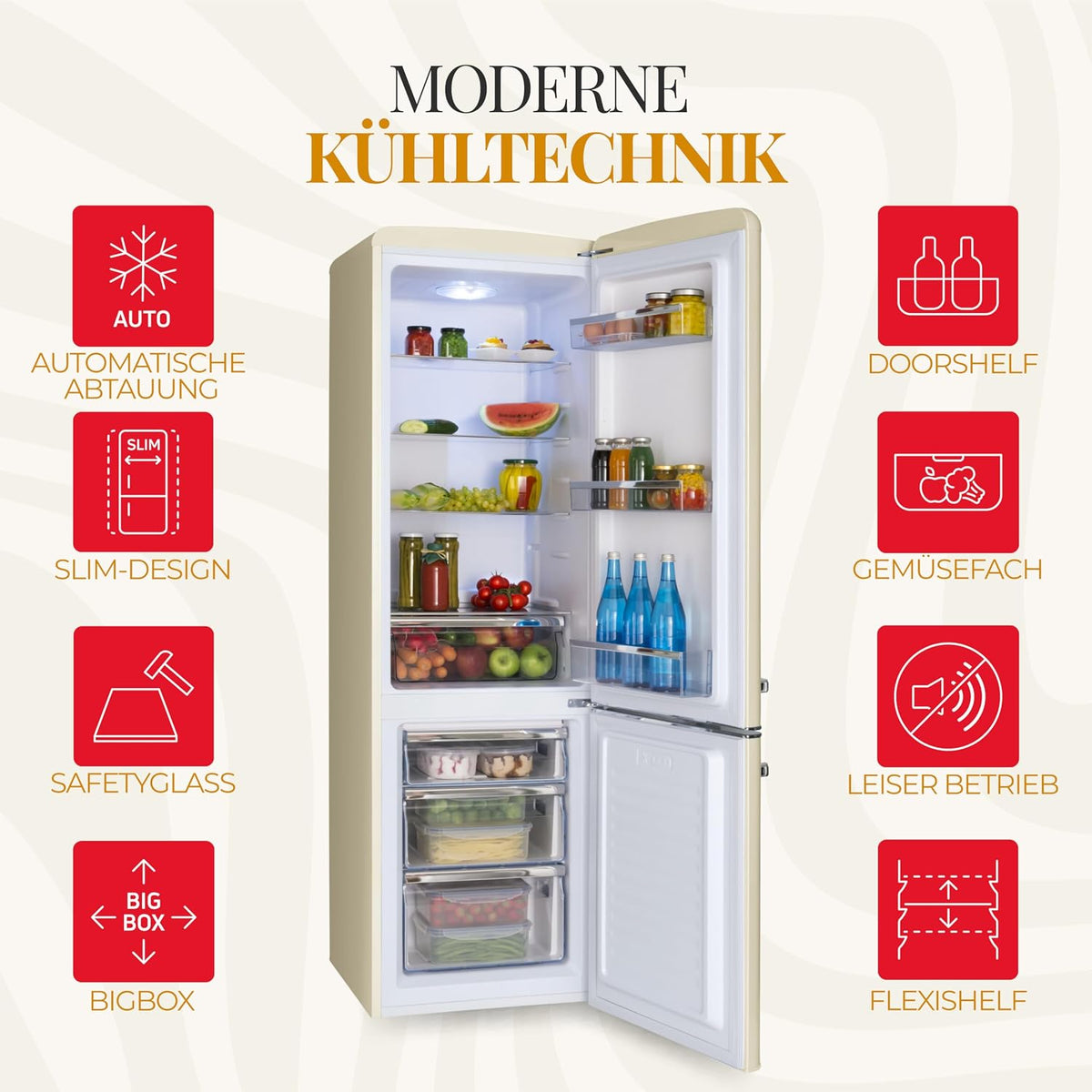 Amica Retro Kühl-Gefrierkombination 244L 181 x 55 x 61,5cm KGCR 387 101 B | 181L Kühlteil 63L Gefrierteil, LED Beleuchtung, Automatische Abtauung, Sicherheitsglas, Chrom-Flaschengitter, Leiser Betrieb