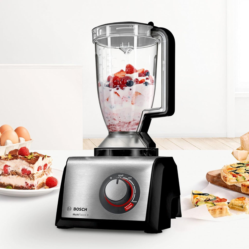 Procesador de alimentos compacto Bosch MultiTalent 8, más de 50 funciones, bol de 3,9 L, batidora de 1,5 L, cuchilla universal, para cortar y rallar (fino, grueso), disco batidor (nata), exprimidor, 1250 W, MC812844