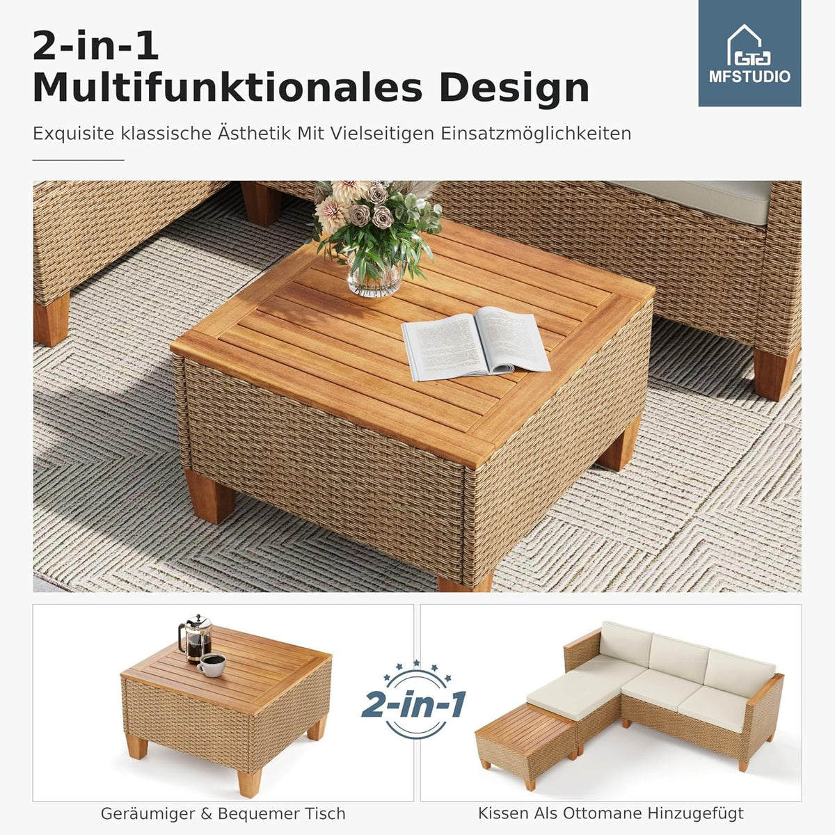 MFSTUDIO Juego de muebles de jardín de ratán de 3 piezas con cojines beige para 4 personas, pequeño sofá de exterior en forma de L con mesa de madera, conjunto de salón de jardín para terraza, balcón