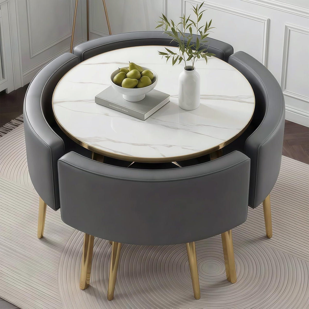 Juego de comedor de 5 piezas, mesa de comedor redonda de 90 cm con 4 sillas, moderna mesa de cocina de MDF con 4 sillas tapizadas para cocina, sala de estar, balcón, restaurante (dorado)
