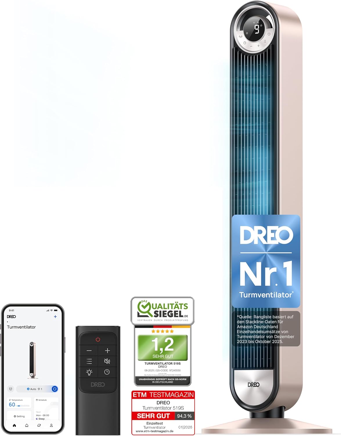 DREO 25dB Smart Leiser Turmventilator mit Kühlung, 106cm WiFi Alexa Tower Fan, 90° oszillierender Ventilator, Fernbedienung 9-Geschwindigkeit 4 Modi 12 Std Timer Sprachsteuerung, Sternenlicht