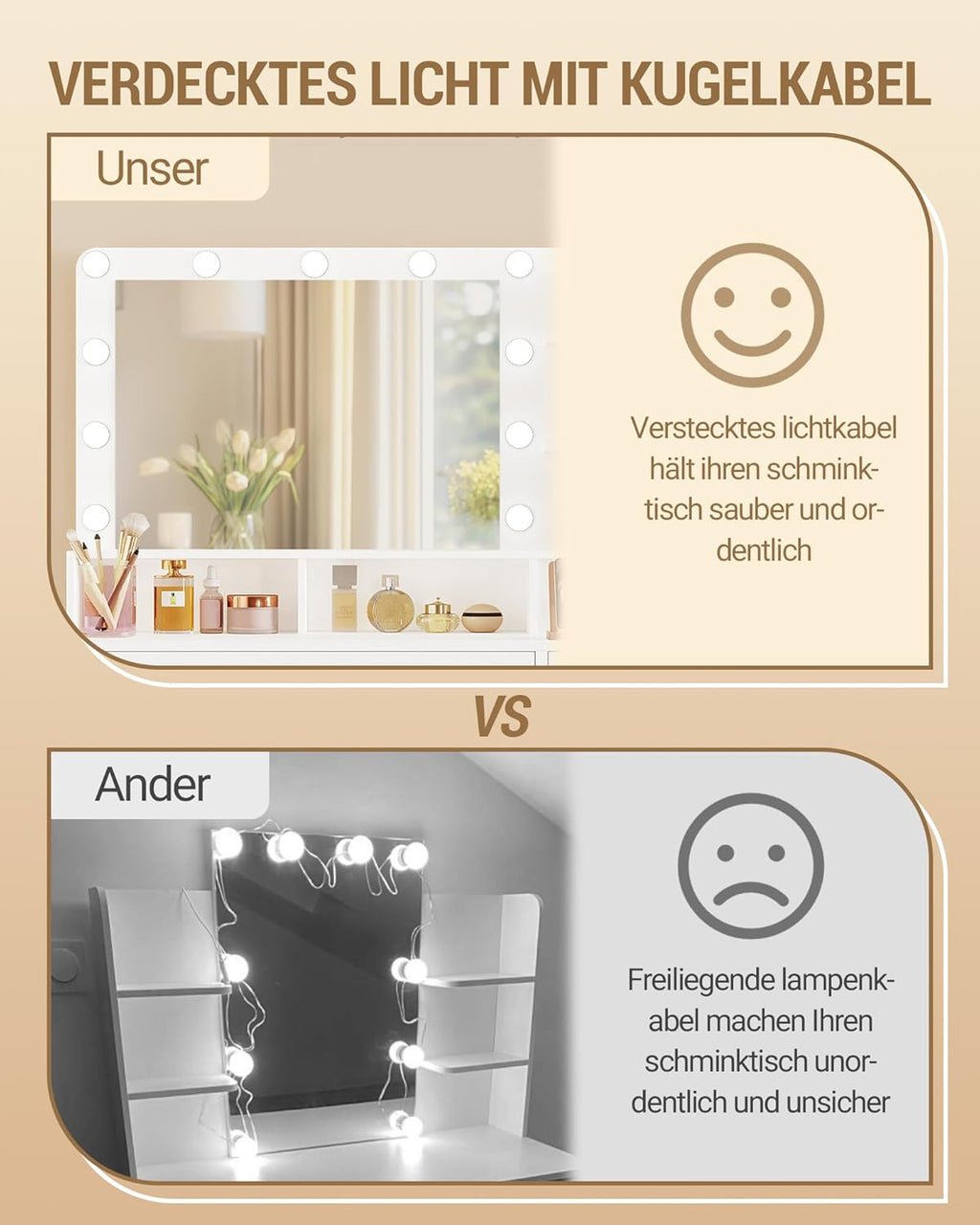 Hzuaneri Schminktisch mit 10 LED-Beleuchtung, Hocker, Frisiertisch mit Große Spiegel, Schminktische mit Stecker, Und Haartrocknerhalter, Und Mehreren Schubladen, Weiß DT42903XEU