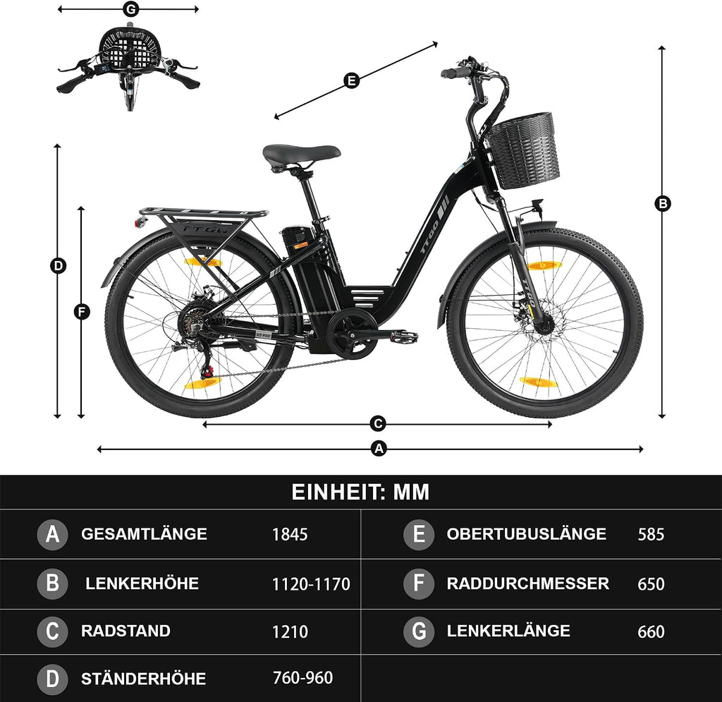 Bicicleta eléctrica ttgo de 26 pulgadas para hombre y mujer, con batería de 36V 14,5Ah/18Ah, autonomía de 60–120 km, bicicleta urbana, pantalla LCD, 6/7 velocidades, cuadro de aluminio, bicicleta eléctrica con cesta