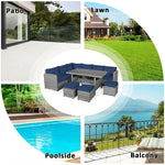 Conjunto de muebles de comedor para patio de 7 piezas de ratán con sofá seccional, mesa de comedor, otomanas y cojines