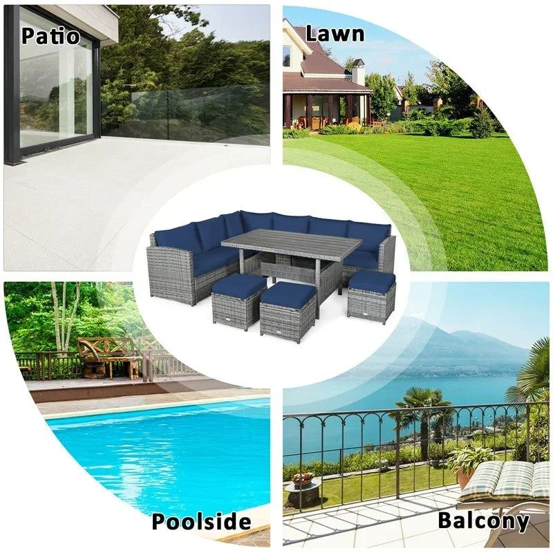 Conjunto de muebles de comedor para patio de 7 piezas de ratán con sofá seccional, mesa de comedor, otomanas y cojines