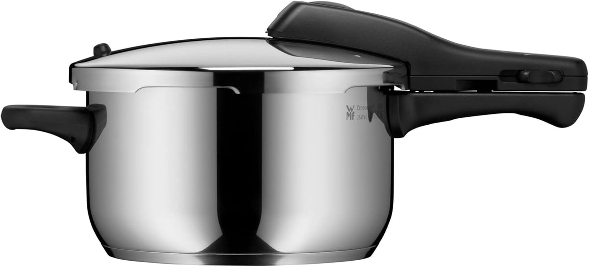 Juego de olla a presión WMF Perfect One Pot para inducción, 2 piezas, ollas a presión de 4,5 l y 3 l, señal de cocción grande, 2 niveles de cocción, mango de tapa extraíble, apto para todo tipo de cocinas, acero inoxidable