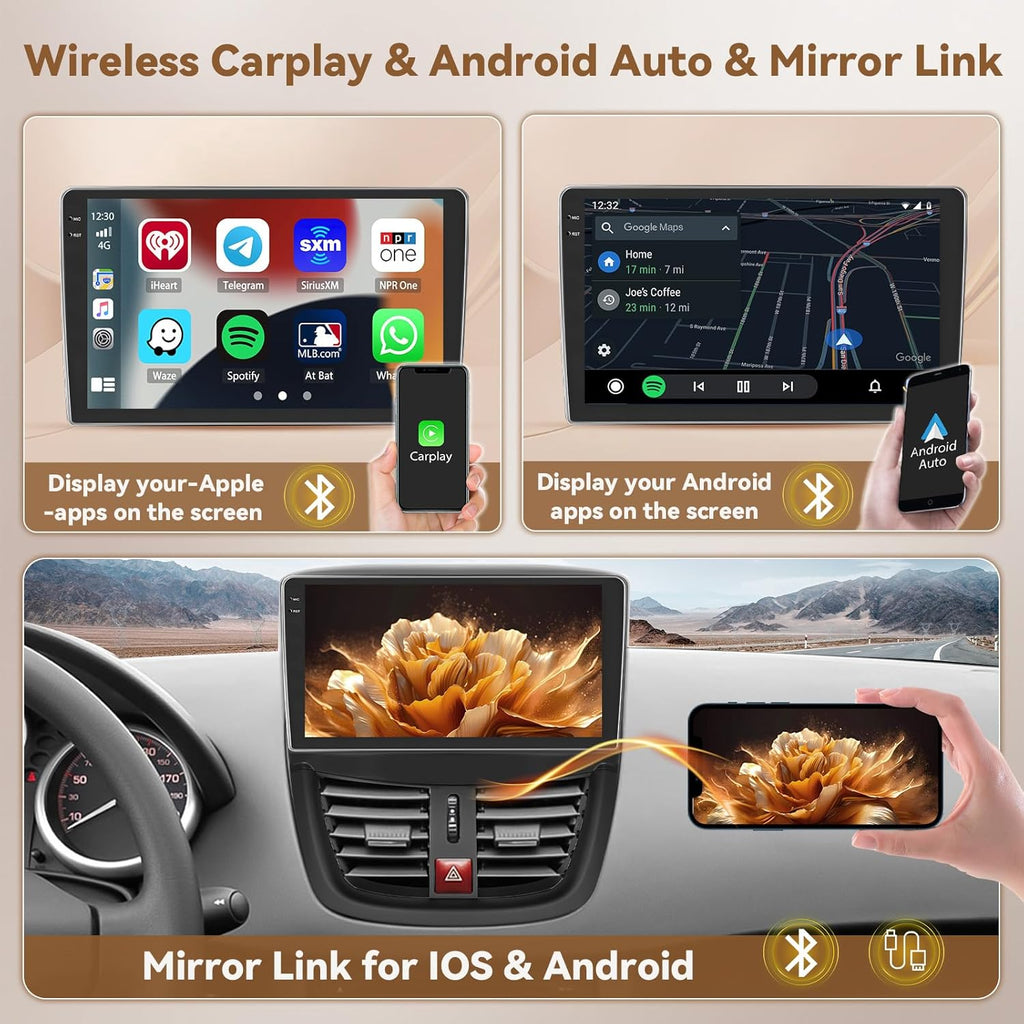 Autorradio Hikity Android 15 4+64 GB con pantalla táctil Incell de 9 pulgadas para Peugeot 207 2006-2010, radio de coche con Apple CarPlay y Android Auto inalámbricos, BT/WiFi/FM/RDS + cámara de visión trasera + micrófono