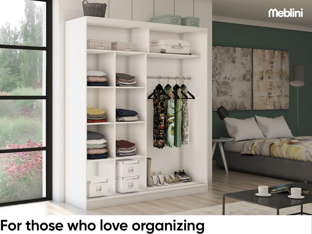 Armario MEBLINI con espejo, 2 puertas - Armario de puertas correderas con barra para colgar ropa - Armario de dormitorio con estantes - Armario ropero - Flores - 200 cm - Blanco + espejo