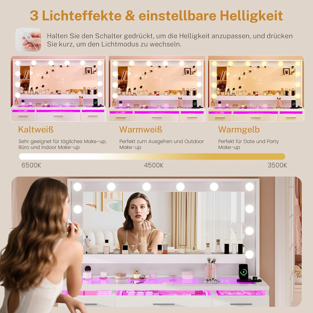 TEENFON Schminktisch mit großem LED-Spiegel, Schminktisch mit Glasplatte, RGB-Licht, 9 Schubladen, hängenden Regalen, 2 Steckdosen – dimmbare 3-Farben-Beleuchtung, Weiß