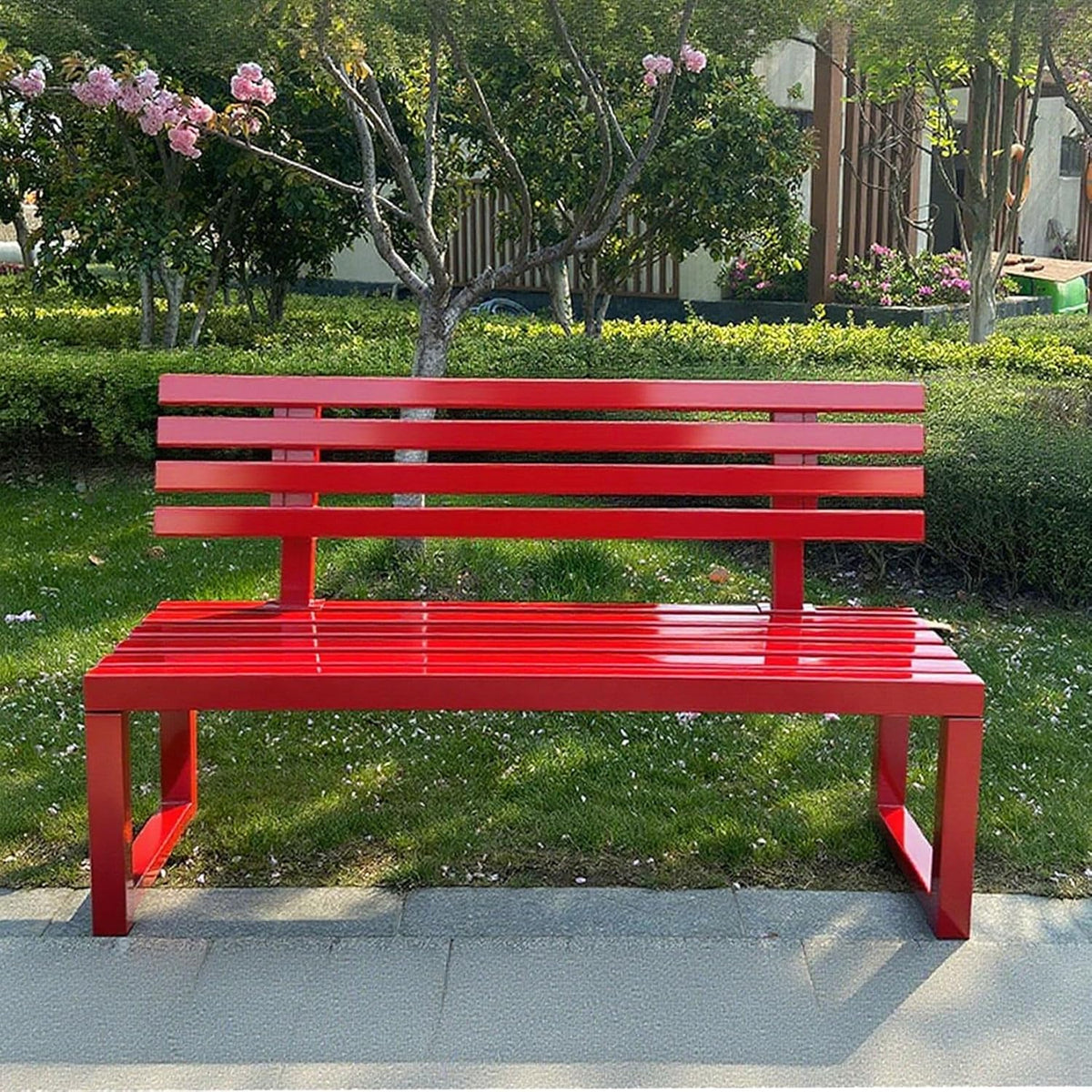 Gartenbank,Wetterfest Outdoor Bank Sitzbank,Metall Stahl Bank, Metallbank Garten,100/120/150/cm,Mit Rückenlehne,Tragkraft bis 200kg, for Terrasse Park Rasen Hof,2-4 Sitzer 150×40×85cm-Rot