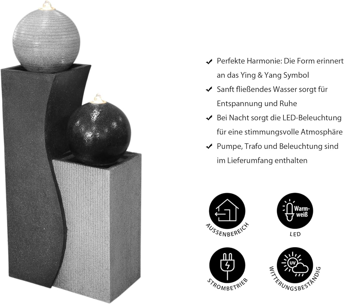 Fuente de jardín Dehner Ying Yang con iluminación LED, aprox. 94 x 41,5 x 24 cm, poliresina, gris