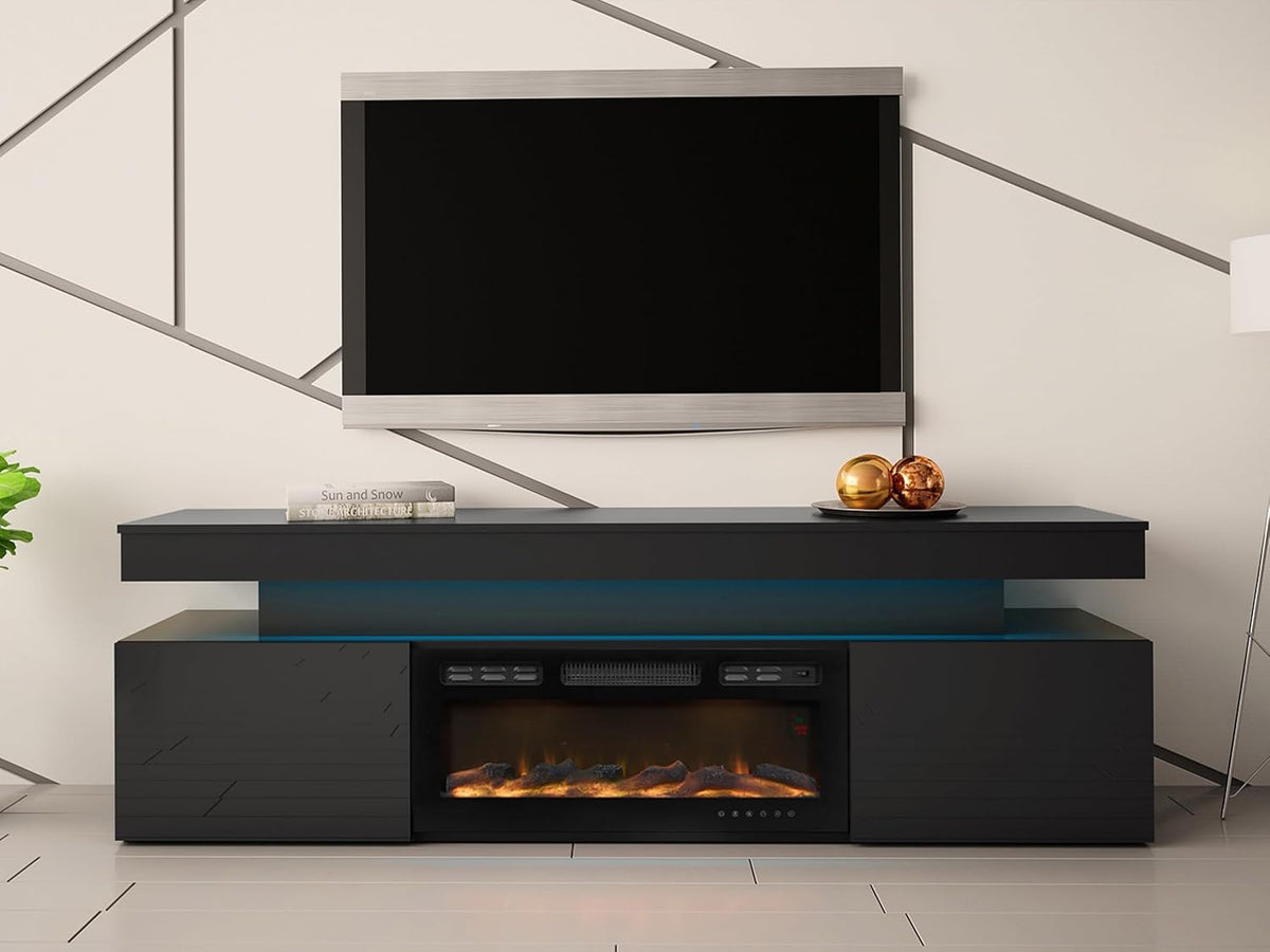 Mirjan24 TV Schrank Serkuzo EF 2D mit Elektrischem Kamin, Praktischer Fernsehschrank, TV Lowboard mit Grifflose Öffnen, Realistische LED-Flamme (Schwarz/Schwarz Hochglanz)