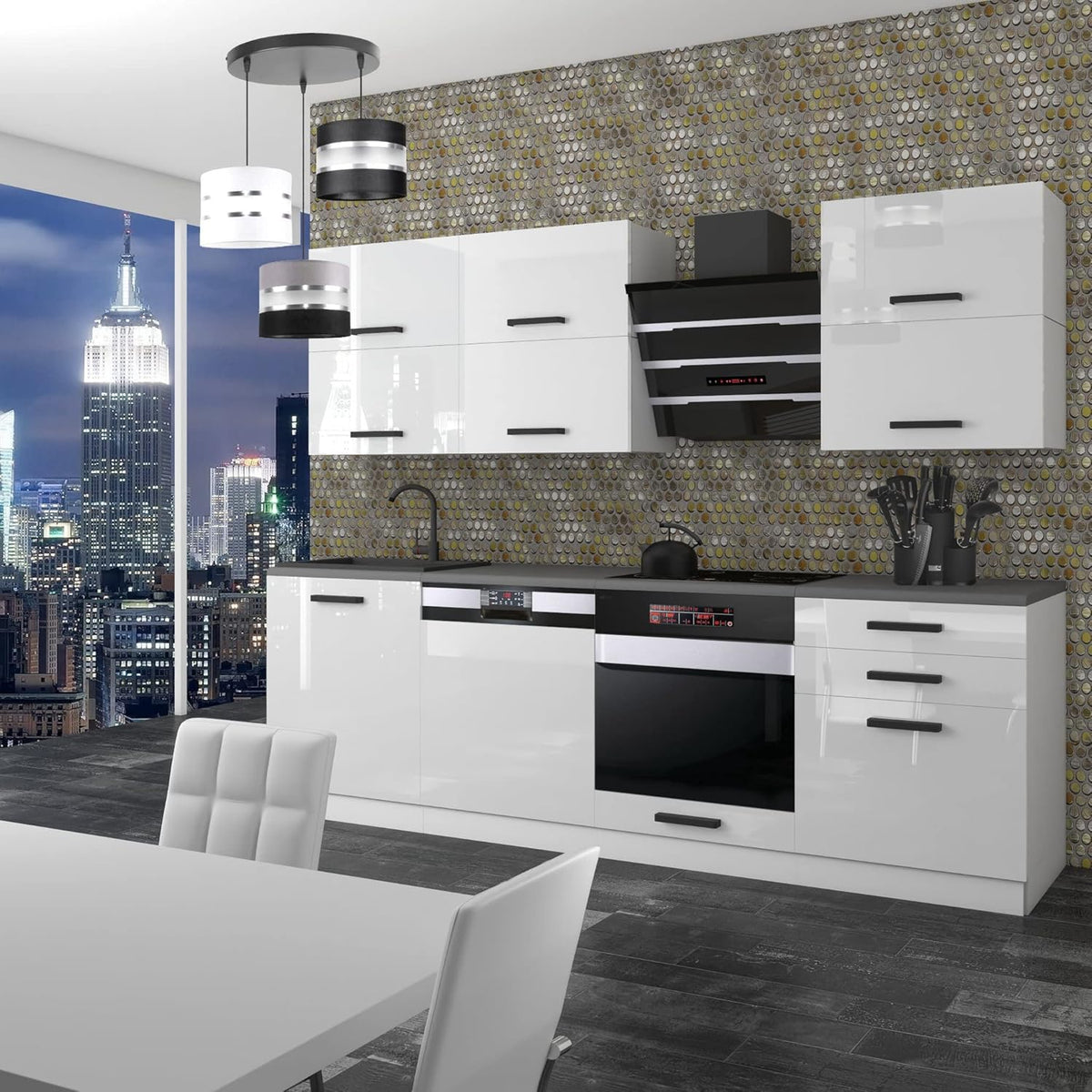 Cocina compacta Belini Madison - Muebles de cocina de 240 cm, cocina equipada sin electrodomésticos, con armarios altos y bajos, con encimeras, blanco brillo