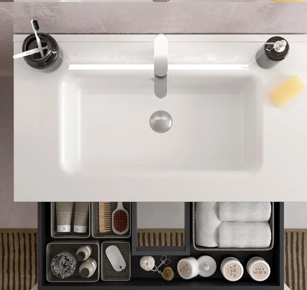 Mueble de baño BEQUIA Plus Metal 3 cajones 90 cm Roble | Lavabo porcelana grifo derecha