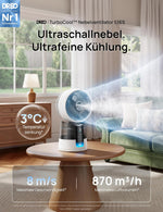 Ventilador nebulizador DREO TurboCool 516S, ventilador de mesa con oscilación de 150°+30°, enfriador evaporativo, 7.9 m/s, niebla ultrafina, 20 dB silencioso, 6 velocidades, 2 modos, control por app y mando a distancia, RGB, blanco