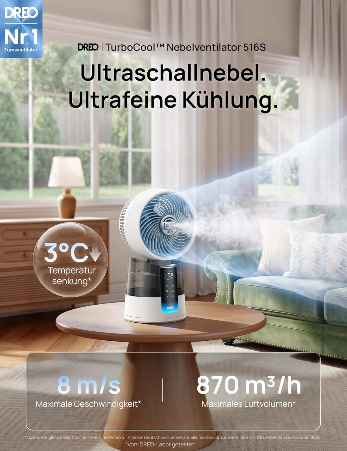 Ventilador nebulizador DREO TurboCool 516S, ventilador de mesa con oscilación de 150°+30°, enfriador evaporativo, 7.9 m/s, niebla ultrafina, 20 dB silencioso, 6 velocidades, 2 modos, control por app y mando a distancia, RGB, blanco