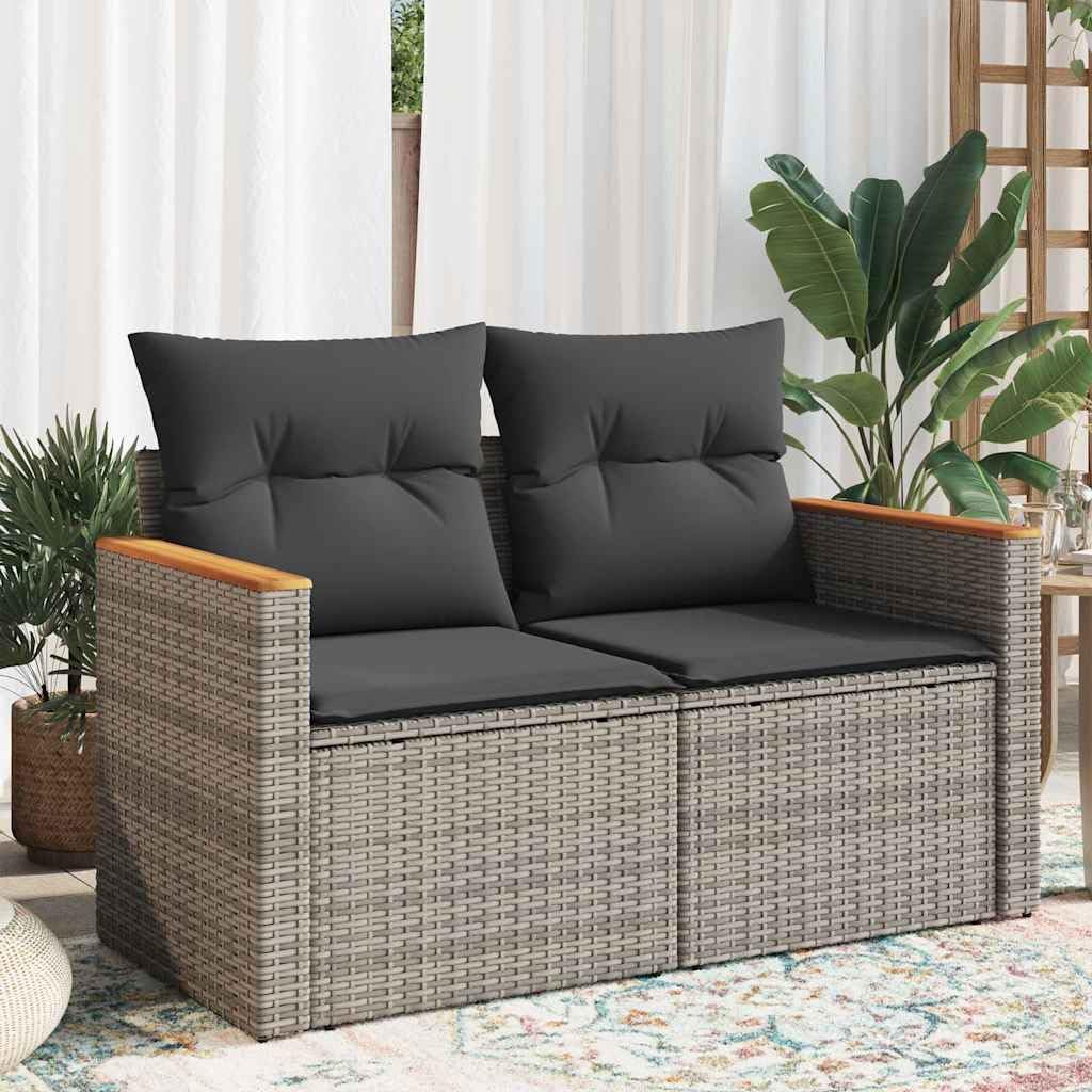 Sofá de jardín vidaXL de 2 plazas con cojines, sofá con compartimento de almacenaje bajo el asiento, sofá de terraza con funda extraíble y lavable, juego de muebles de jardín, ratán sintético gris