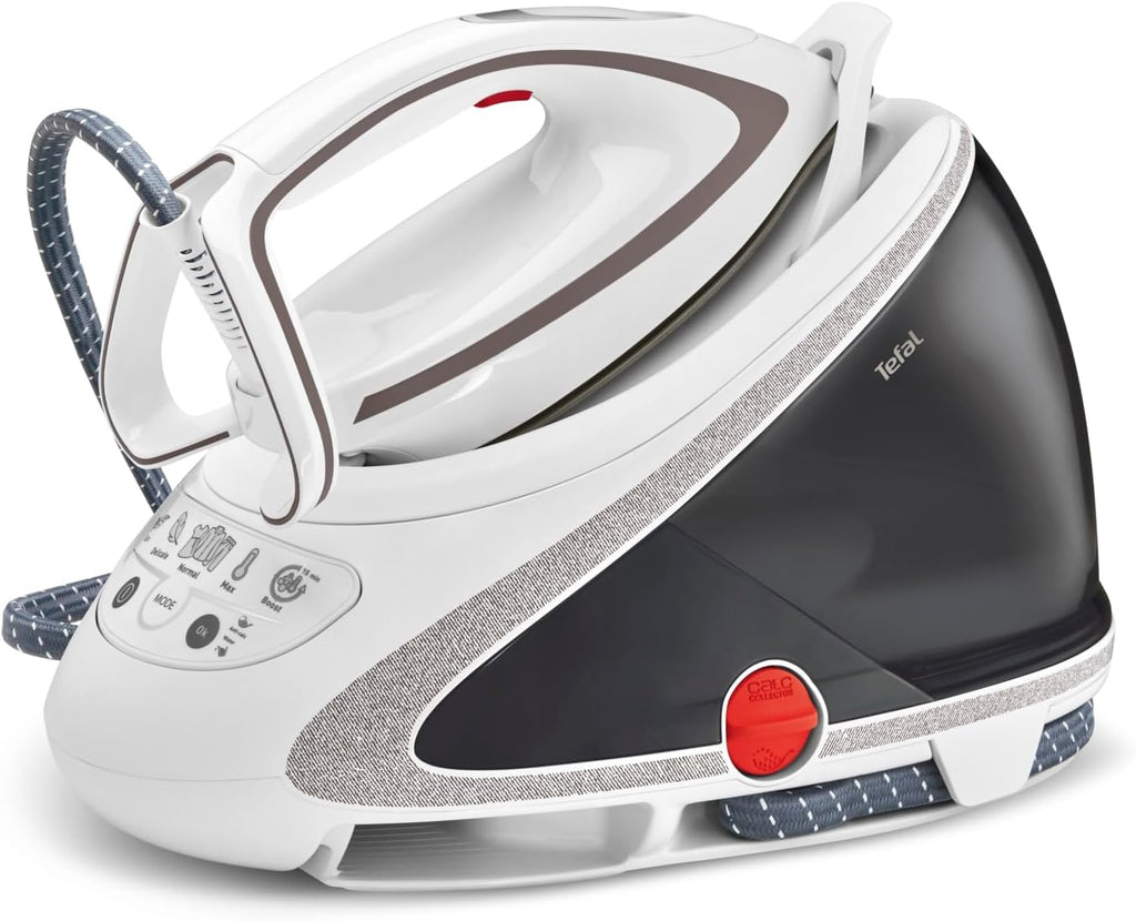 Centro de planchado Tefal Pro Express Ultimate, 7,7 bares, 155 g/min de vapor continuo, 500 g/min de golpe de vapor, 2600 vatios, colector de cal, plancha con centro de vapor, blanco/gris, GV9567