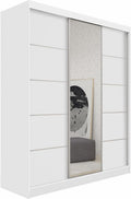Armario MEBLINI con espejo, 3 puertas - Armario de puertas correderas con barra para colgar ropa - Armario de dormitorio con estantes - Armario ropero - MAKIRA - 180 cm - Blanco/Blanco + espejo