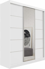 Armario MEBLINI con espejo, 3 puertas - Armario de puertas correderas con barra para colgar ropa - Armario de dormitorio con estantes - Armario ropero - MAKIRA - 180 cm - Blanco/Blanco + espejo