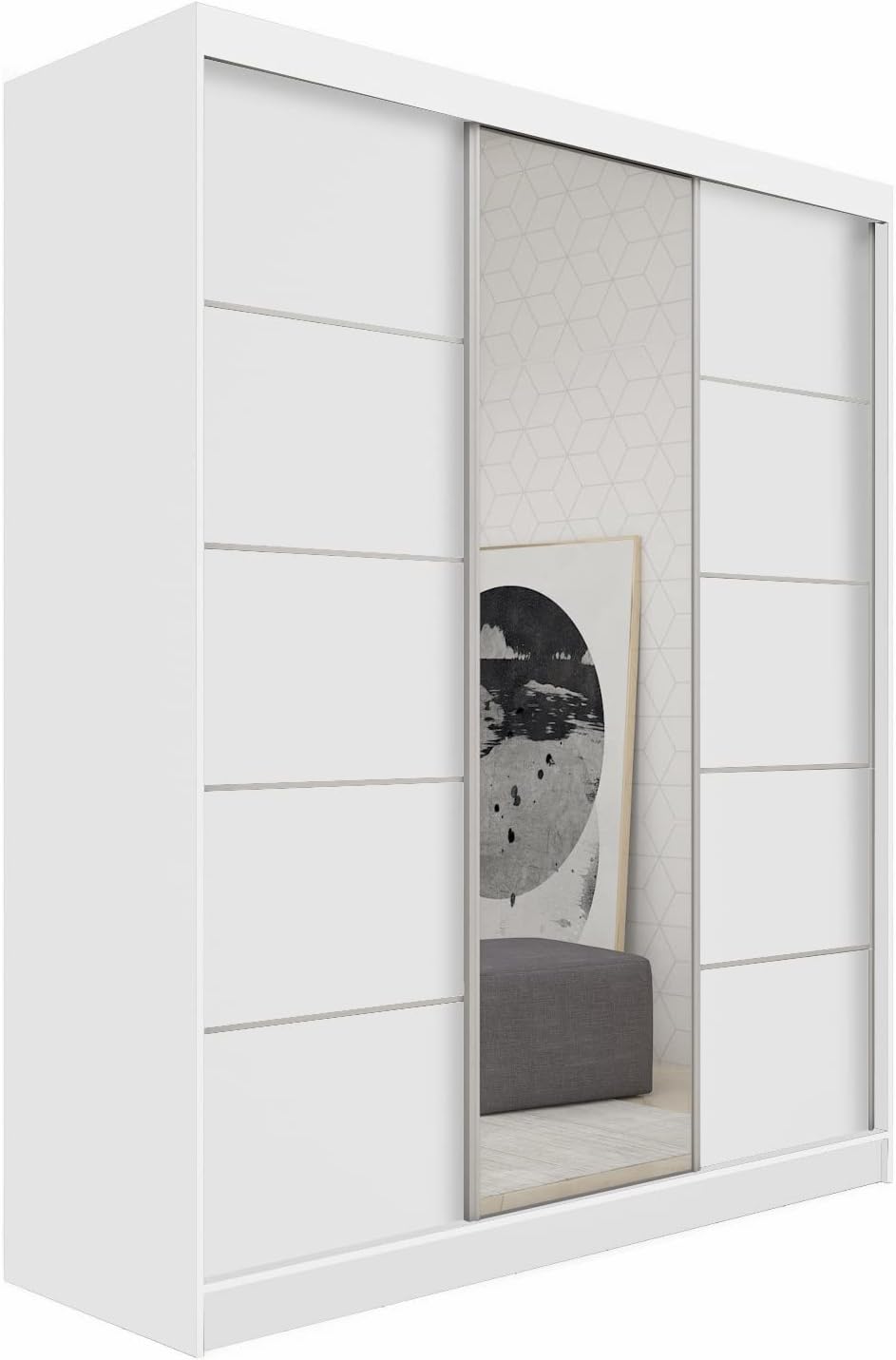 Armario MEBLINI con espejo, 3 puertas - Armario de puertas correderas con barra para colgar ropa - Armario de dormitorio con estantes - Armario ropero - MAKIRA - 180 cm - Blanco/Blanco + espejo