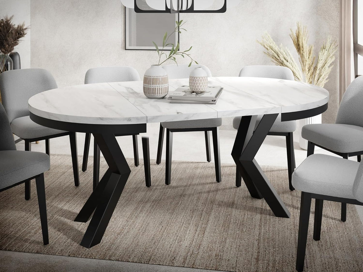 WFL GROUP Mesa de comedor redonda extensible con efecto mármol blanco - Mesa de estilo loft con patas de metal - Mesa industrial para salón - Ahorro de espacio - Mármol blanco - 100 a 180 cm
