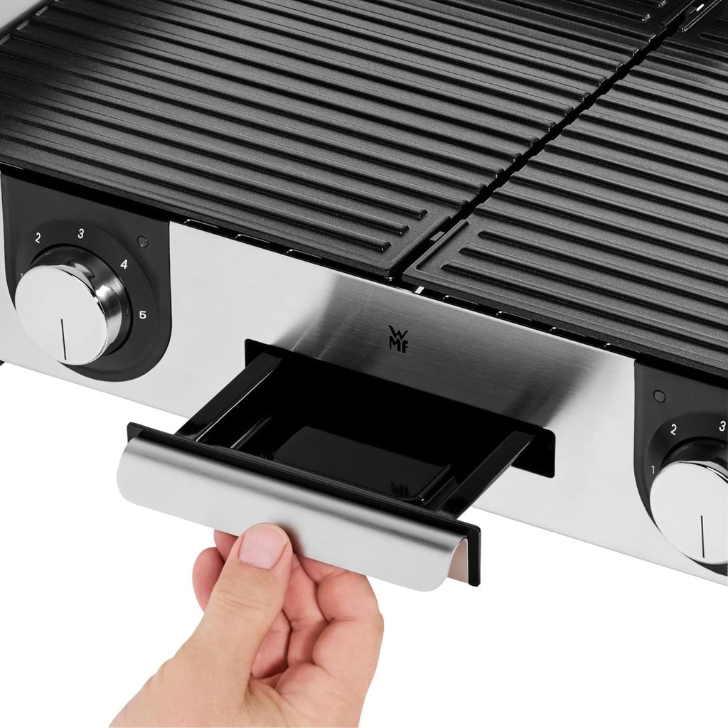 WMF Lono Master-Grill, parrilla eléctrica, 50x28 cm, parrilla de mesa eléctrica con protector contra el viento y bandeja de goteo, certificada para uso en exteriores, 2 superficies de cocción regulables por separado, 2400 W, acero inoxidable mate