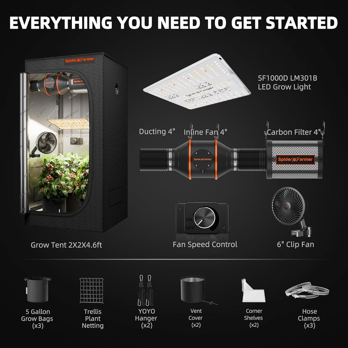 Kit completo de cultivo Spider Farmer SF1000D, lámpara LED de cultivo de espectro completo con LEDs Samsung LM301B, kit de tienda de cultivo de 60x60x140 cm, sistema de ventilación para hidroponía 1680D