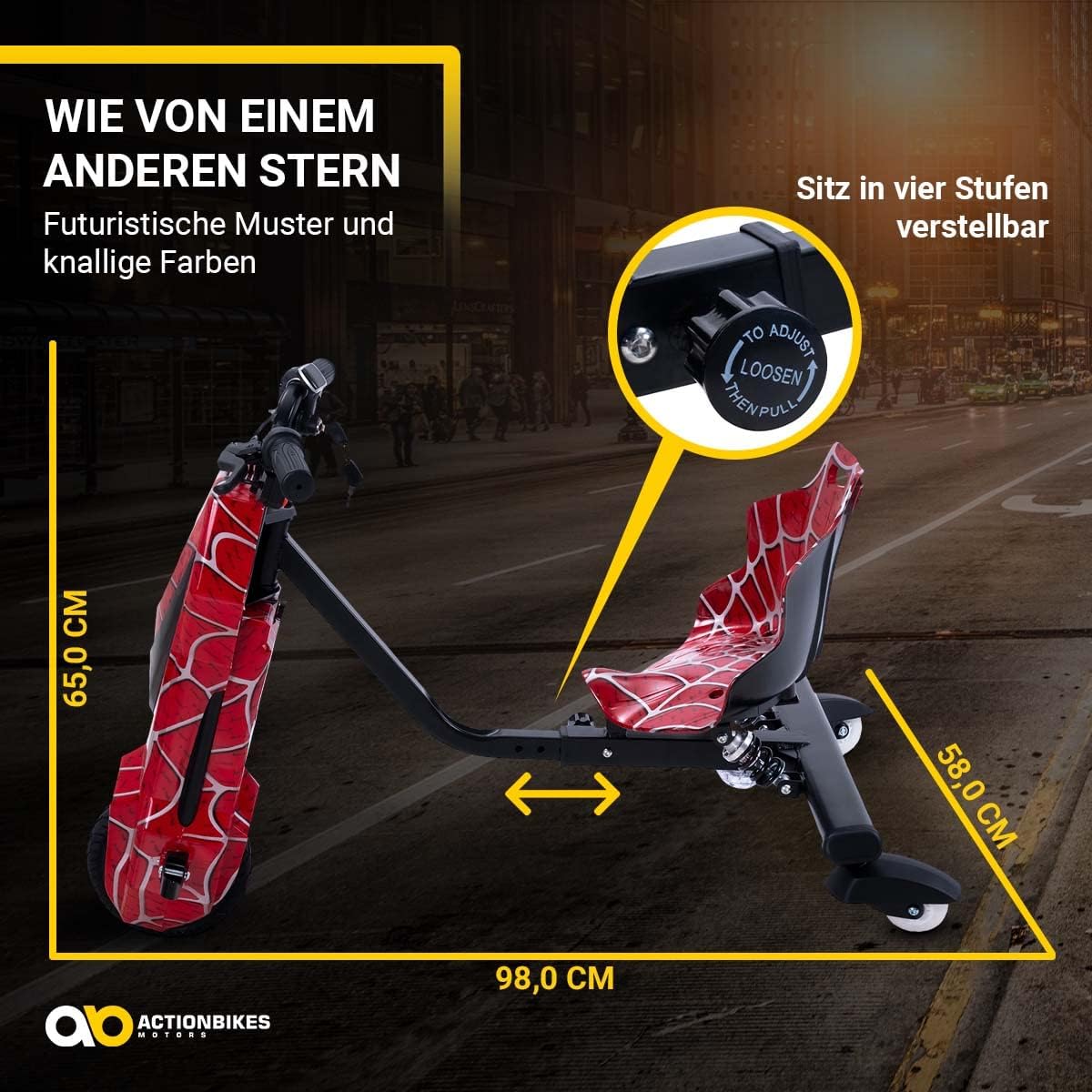 Actionbikes Motors Patinete Eléctrico Infantil para Derrapes | Motor de 𝟐𝟓𝟎 W - Carrito de Derrape 360° - 3 Niveles de Velocidad - Iluminación LED - Asiento Ajustable - Bluetooth - Kart de Derrape - Coche de Derrape (Space Purple)