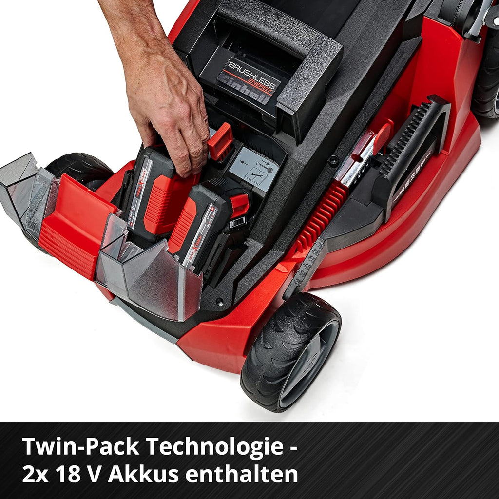 Cortacésped inalámbrico Einhell GE-CM 43 Li M Kit Power X-Change (36 V, ancho de corte de 43 cm, hasta 600 m², sin escobillas, kit de mulching, cesta colectora de 63 L, altura de corte de 25-75 mm, incl. 2 baterías de 4,0 Ah + 2 cargadores)