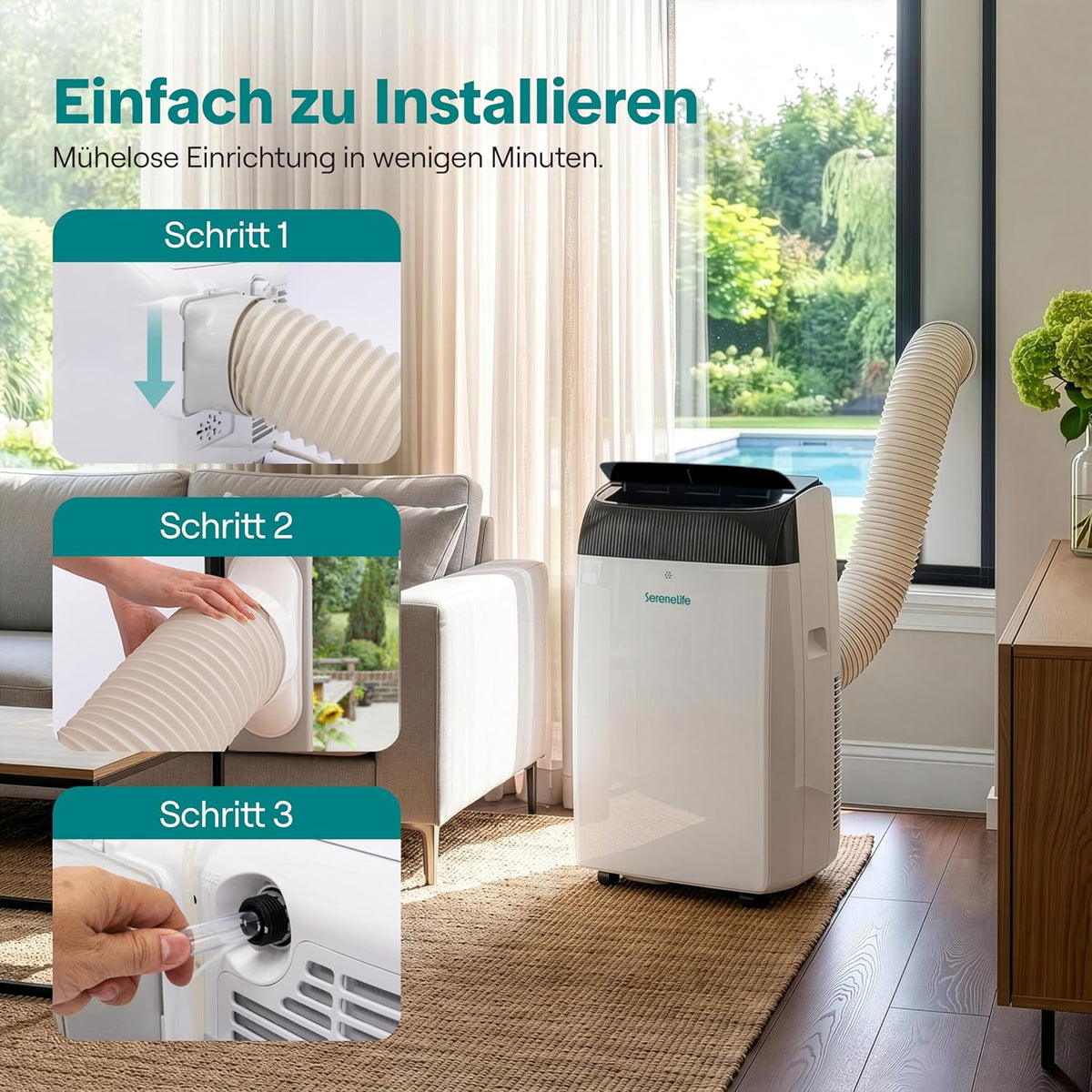 SereneLife klimagerät Mobil- mit Abluftschlauch, 12000 BTU WLAN, 4-in-1 Klimaanlage- Kühlen/Heizen/Ventilieren/Entfeuchten, Digitaldisplay, Timer und Fensterkit, bis 35m², für heiße Sommertage