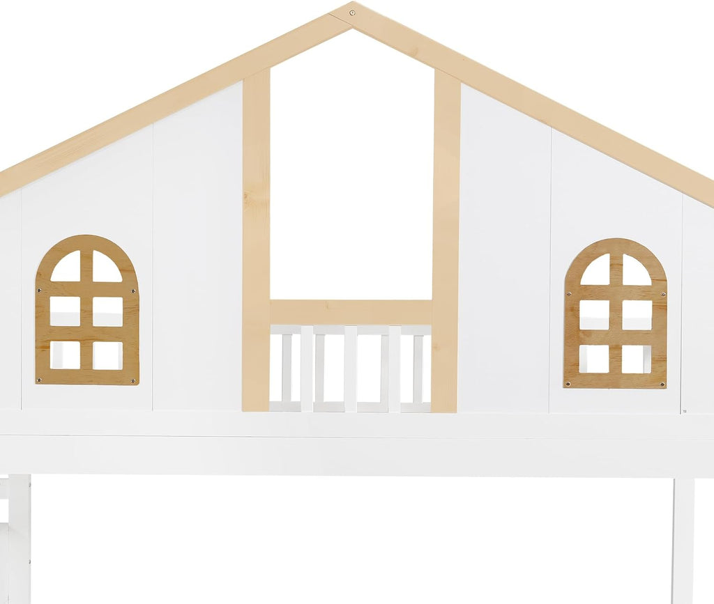 Cama alta Merax 90x200cm, litera infantil para 2 niños, cama casita con escalera, almacenaje y cajones, cama tipo casa del árbol con ventana y techo, protección anticaídas y somier, pino+MDF, sin colchón, blanca